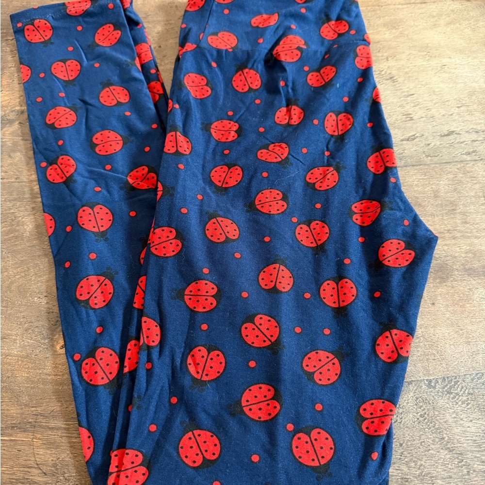 LuLaRoe Blue Leggings with Red Ladybug Print